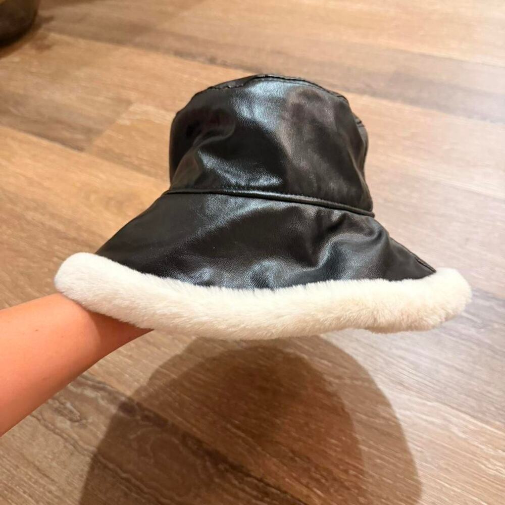 Black faux leather bucket hat with fur trim